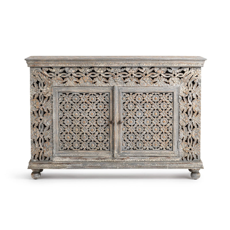 Front view of carved 2-door sideboard with ornate floral panels and distressed gray finish
