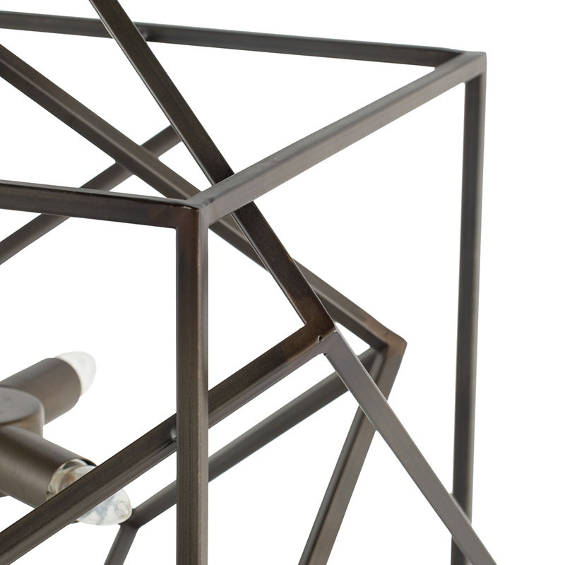 Black metal cage chandelier corner detail with bulb sockets and cross bars