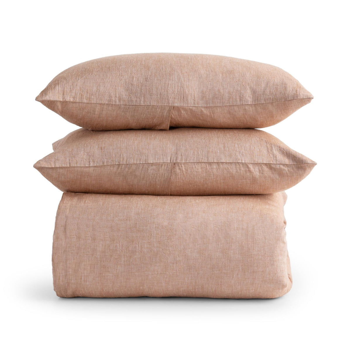 Clay linen-cashmere duvet set, stacked duvet cover and pillow shams in solid tone