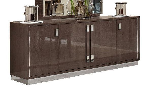 4-door buffet sideboard in dark brown with glossy panels and silver bar handles