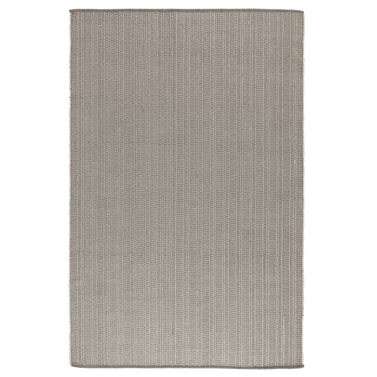 Pebble gray indoor/outdoor rug with tight flat woven pattern and bound edges.