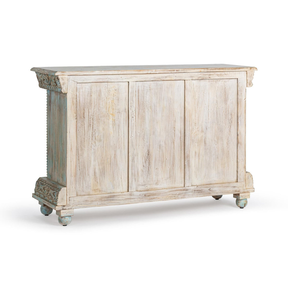 Two-door cabinet side view with paneled doors, distressed light wood and blue trim