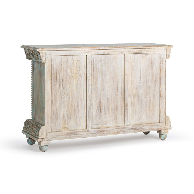 Two-door cabinet side view with paneled doors, distressed light wood and blue trim