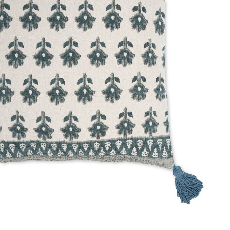 Blossom - 20" Printed Cotton Tassel Accent Cushion - Blue