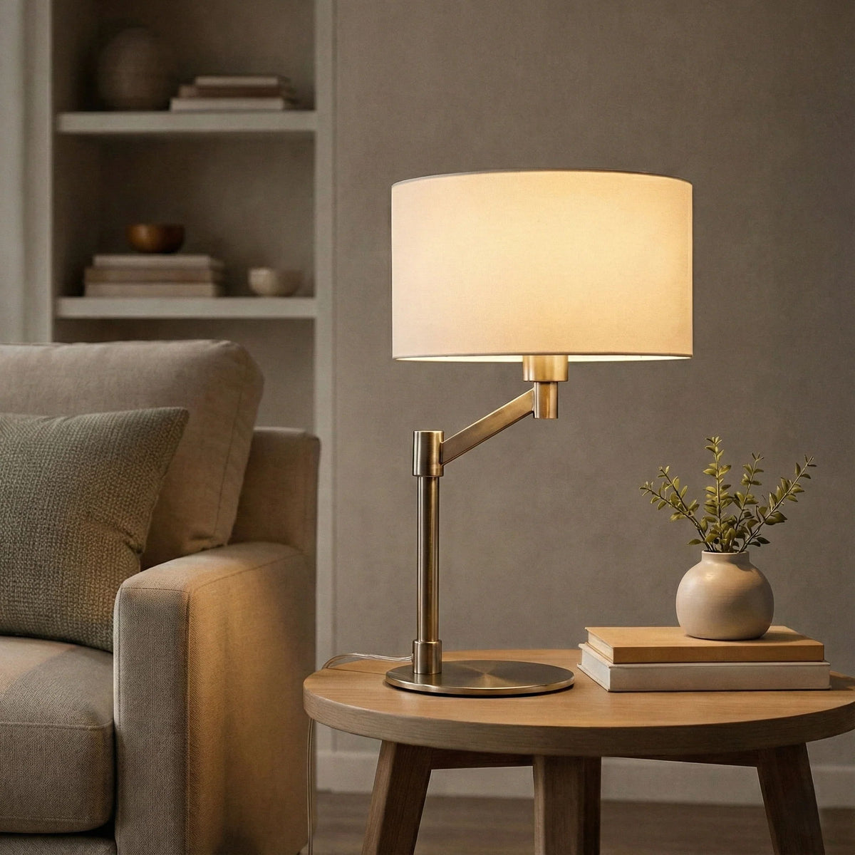 Table lamp with white linen shade and brushed nickel base on round side table
