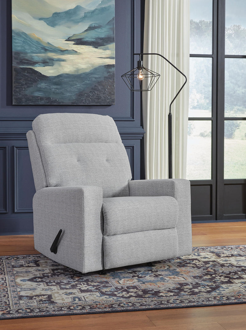 Stone gray fabric rocker recliner chair with padded arms and headrest