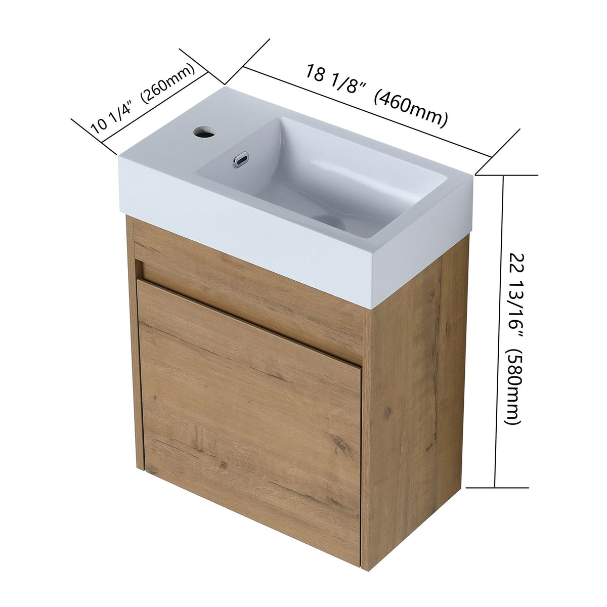 Light brown floating bathroom vanity with sink and soft-close door, 22.13in height