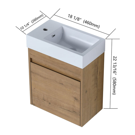 Light brown floating bathroom vanity with sink and soft-close door, 22.13in height