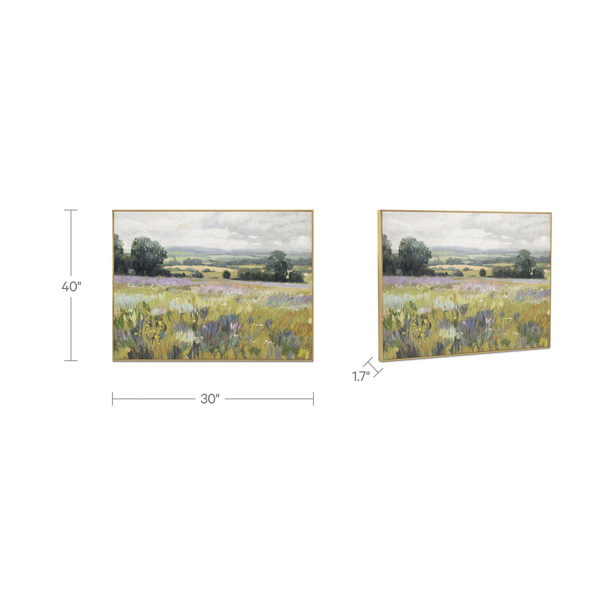 Framed landscape painting, 30"W x 40"H x 1.7"D; wildflower field and hills