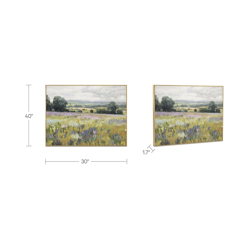 Framed landscape painting, 30"W x 40"H x 1.7"D; wildflower field and hills
