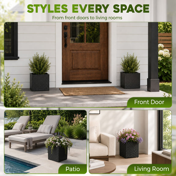 Black square woven planter displayed with plants on a patio and indoors.