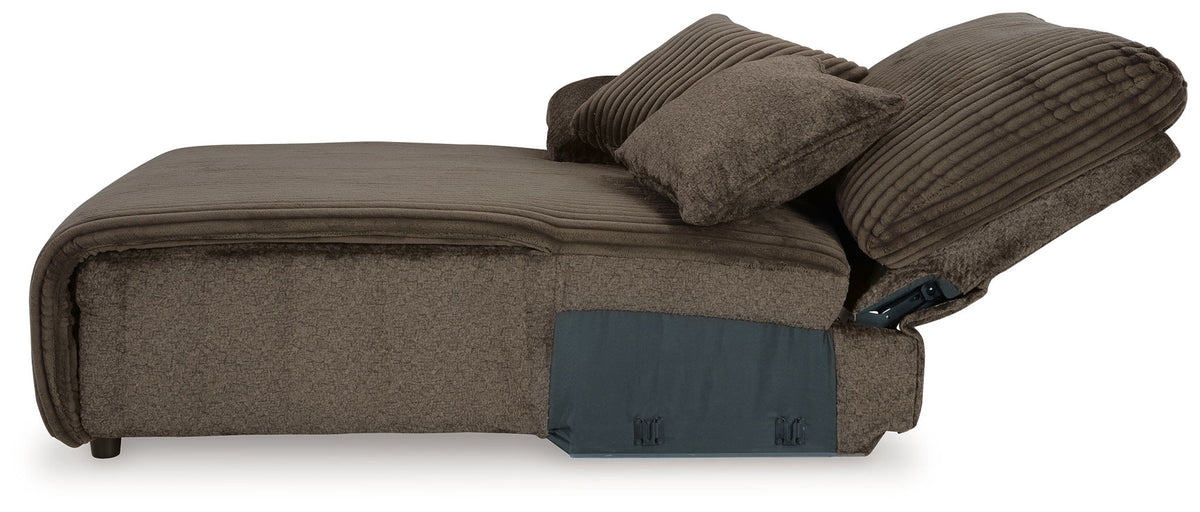 Dark brown ribbed reclining sectional sofa with chaise and visible recline control panel