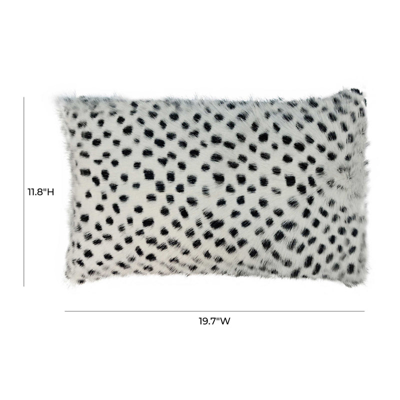 White goatskin-look pillow with black spotted pattern, rectangular, plush fur