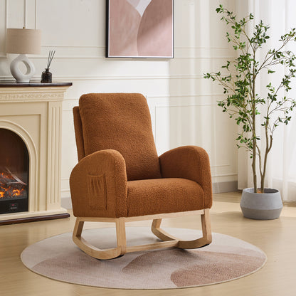 27.2'W Rocking Chair for Nursery, Sherpa Glider Chair with High Back and Side Pocket, Rocking Accent Armchair with Rubber Wood Legs for Living Room/Bedroom, Caramel