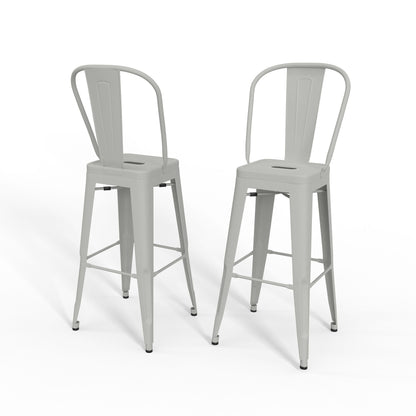 White metal stool set of 2 with curved back and slatted seat, straight legs