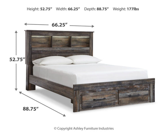 Panel bookcase bed in dark wood tone with open shelving headboard and two front drawers