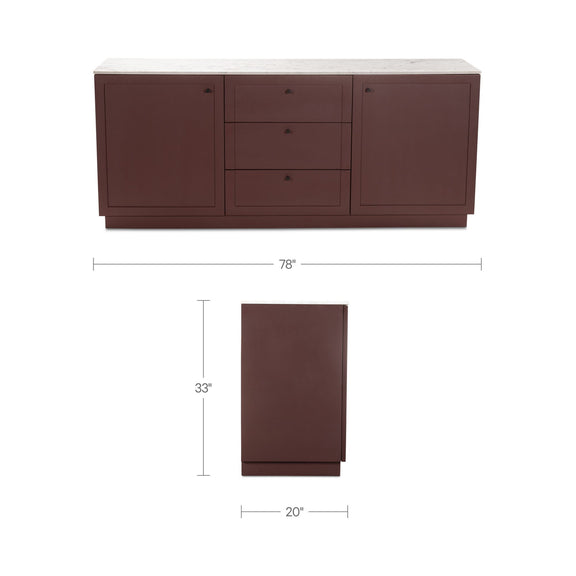 Burgundy sideboard dimensions: 78 in wide, 33 in high, 20 in deep