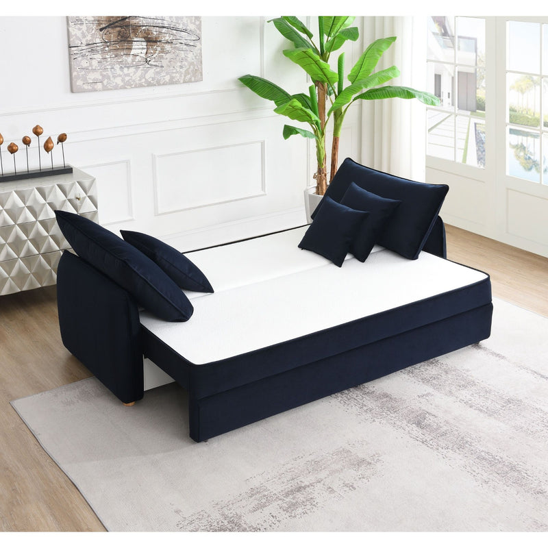 Dark blue sofa bed with pull-out mattress and 3 throw pillows, square arm design