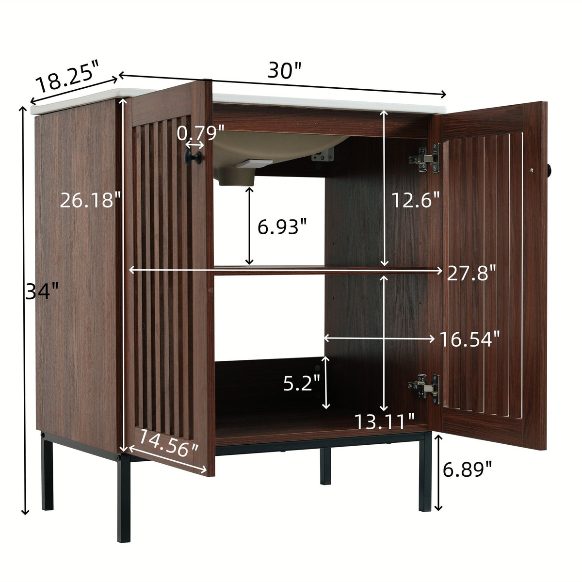 30" Vintage Bathroom Vanity With Ceramic Sink, Modern Bathroom Vanity Cabinet With 2 Soft Close Doors, Equpiied With 4 Sturdy Iron Legs - Antique Dark Brown