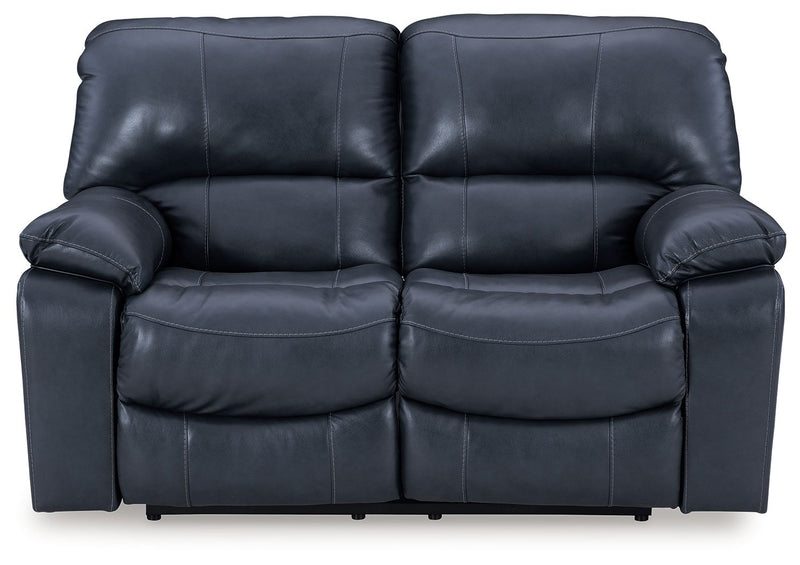 Dark navy power reclining loveseat with two padded seats and armrest controls