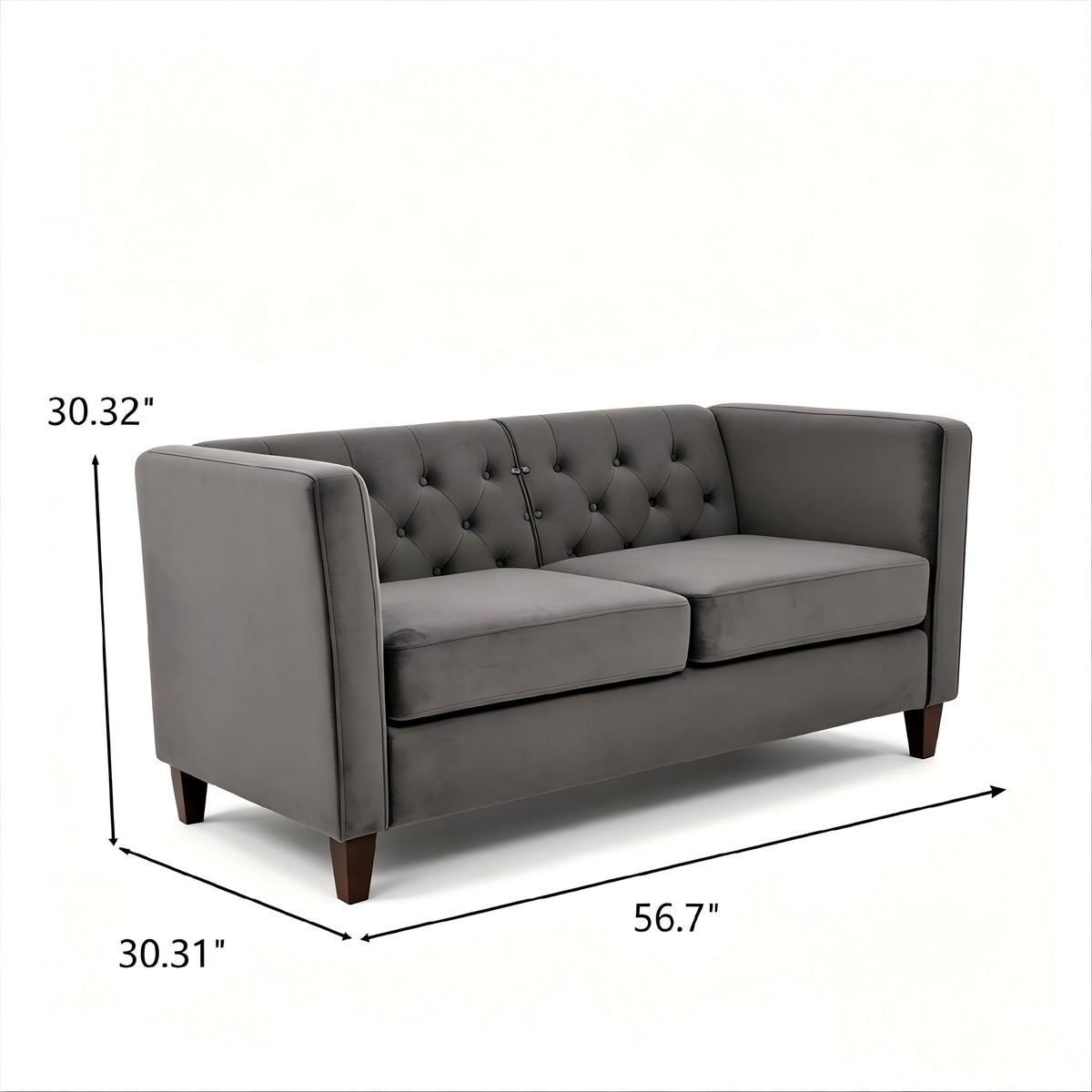 Dark gray button-tufted loveseat with square arms and two seat cushions