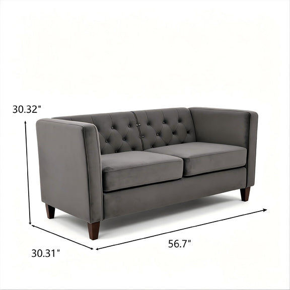 Dark gray button-tufted loveseat with square arms and two seat cushions