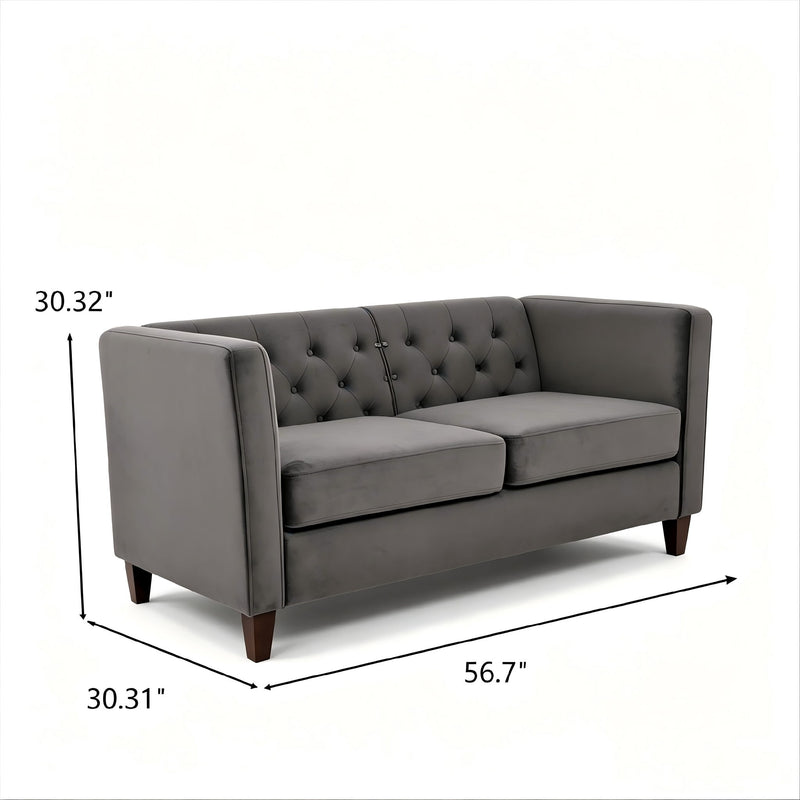 Dark gray button-tufted loveseat with square arms and two seat cushions