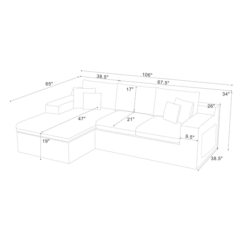U-shaped sectional sofa outline with chaise layout and dimension measurements