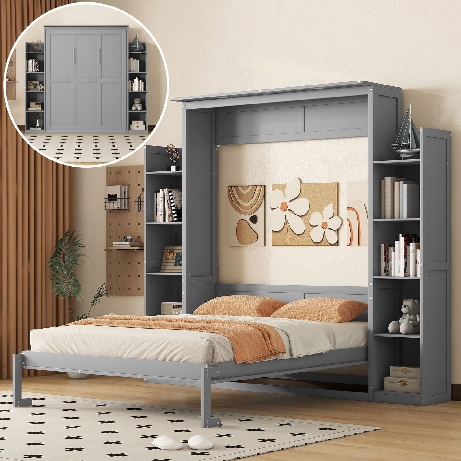 Wall Murphy Bed With Shelves And LED Lights