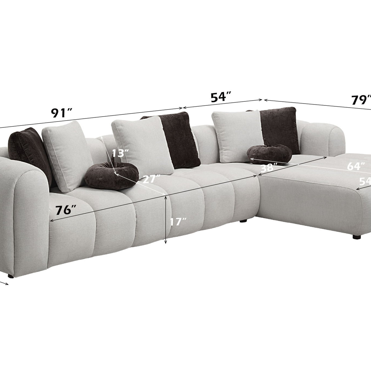 Manilla - Sectional Sofa With 8 Pillows - Ivory White