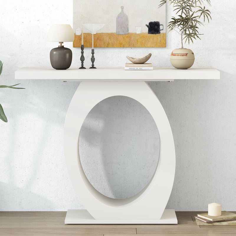 Beige console table with oval base and reinforced bottom plate support.