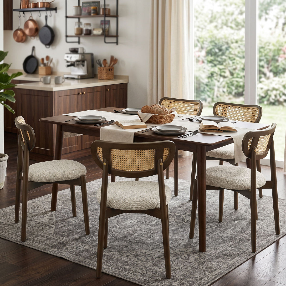 Rattan dining chairs with cream seats around a dark wood dining table