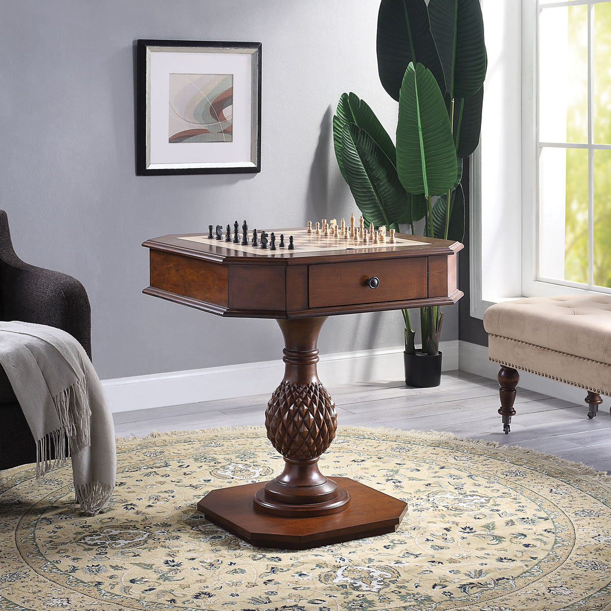 Bishop - Reversible Chess Checker Game Table With Game Tray (Chess Fingures Not Included) - Cherry