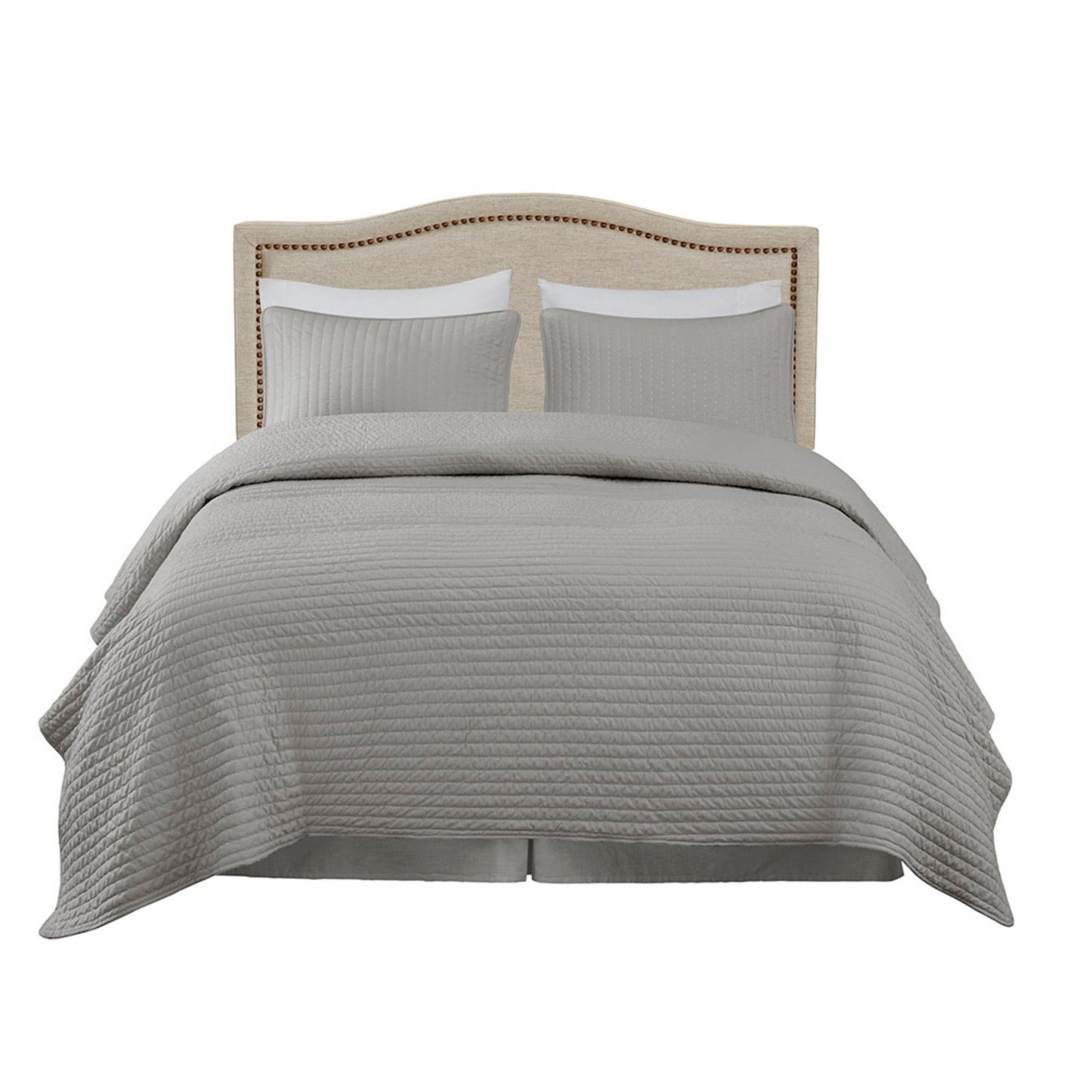 Upholstered Panel Headboard With Copper Nailheads And Adjustable Metal Legs