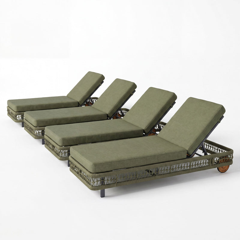 Set of four dark green outdoor chaise lounges with 5-position adjustable backrests and wheels