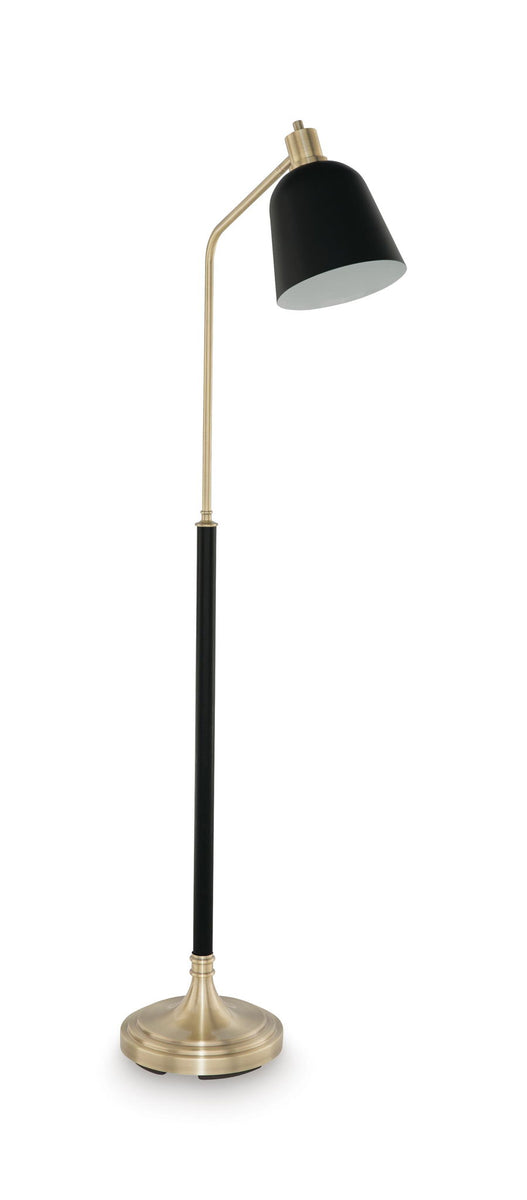 Metal lamp with black cone shade, brass-finish pole, and round base