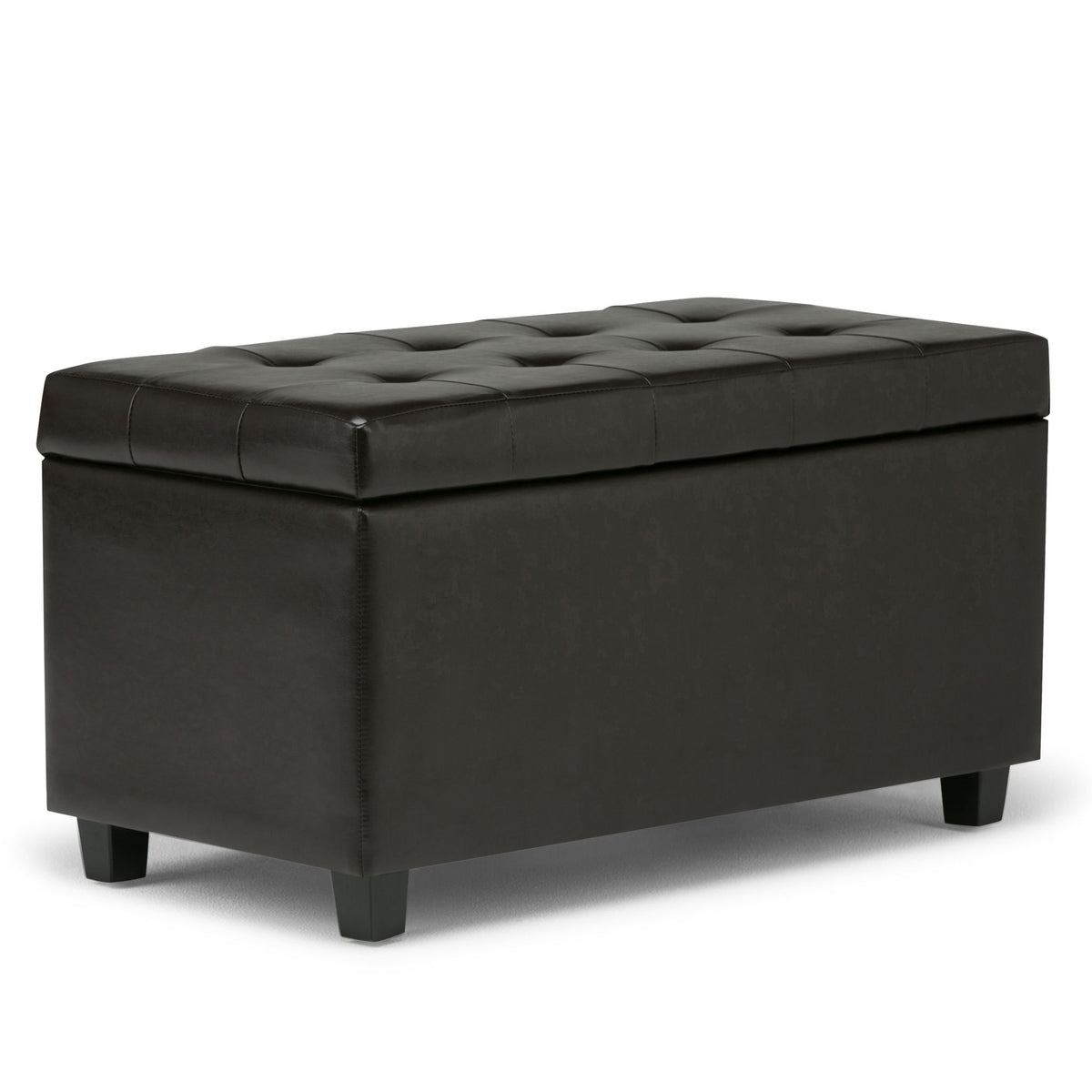Cosmopolitan upholstered storage ottoman in black faux leather with tufted top and black legs