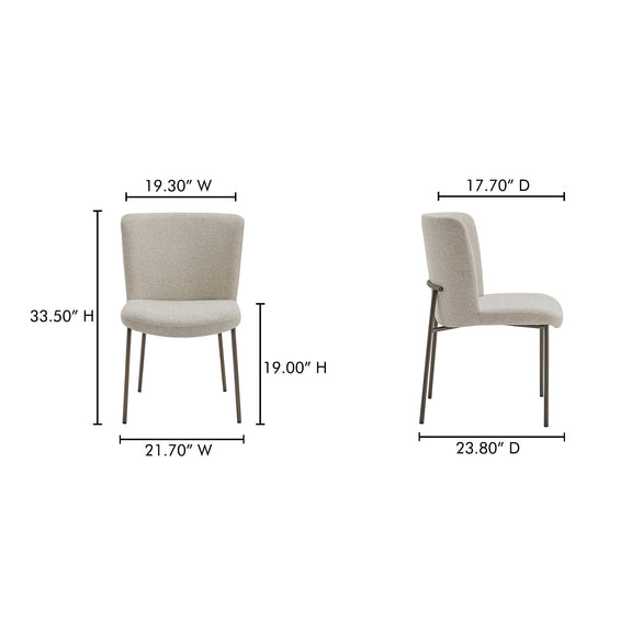 Beige upholstered dining chair with dimensions: 33.5 inches high, 21.7 inches wide, 23.8 inches deep