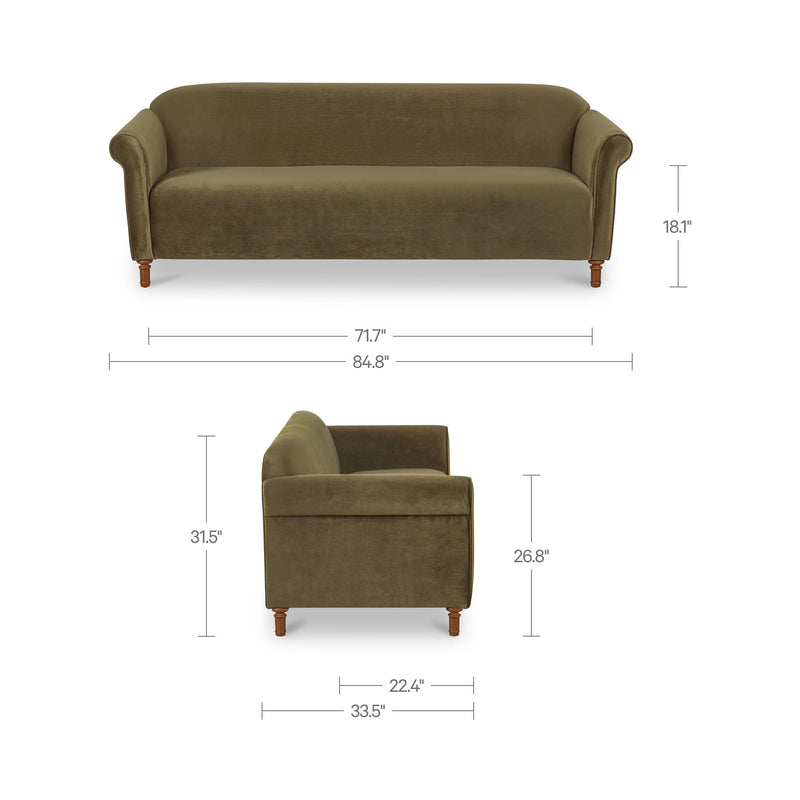 Dark green faux mohair sofa with rounded arms; includes height and width measurements