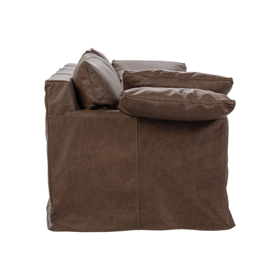 Sofa slip cover in brown suede-like fabric with rolled back cushions