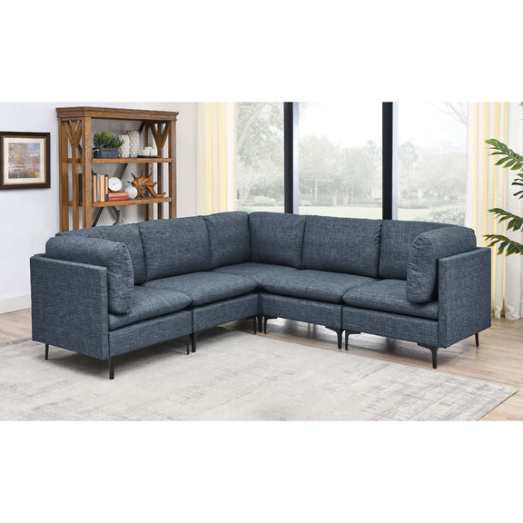Dark gray modular sectional sofa with tall legs, rounded arms, and corner chaise