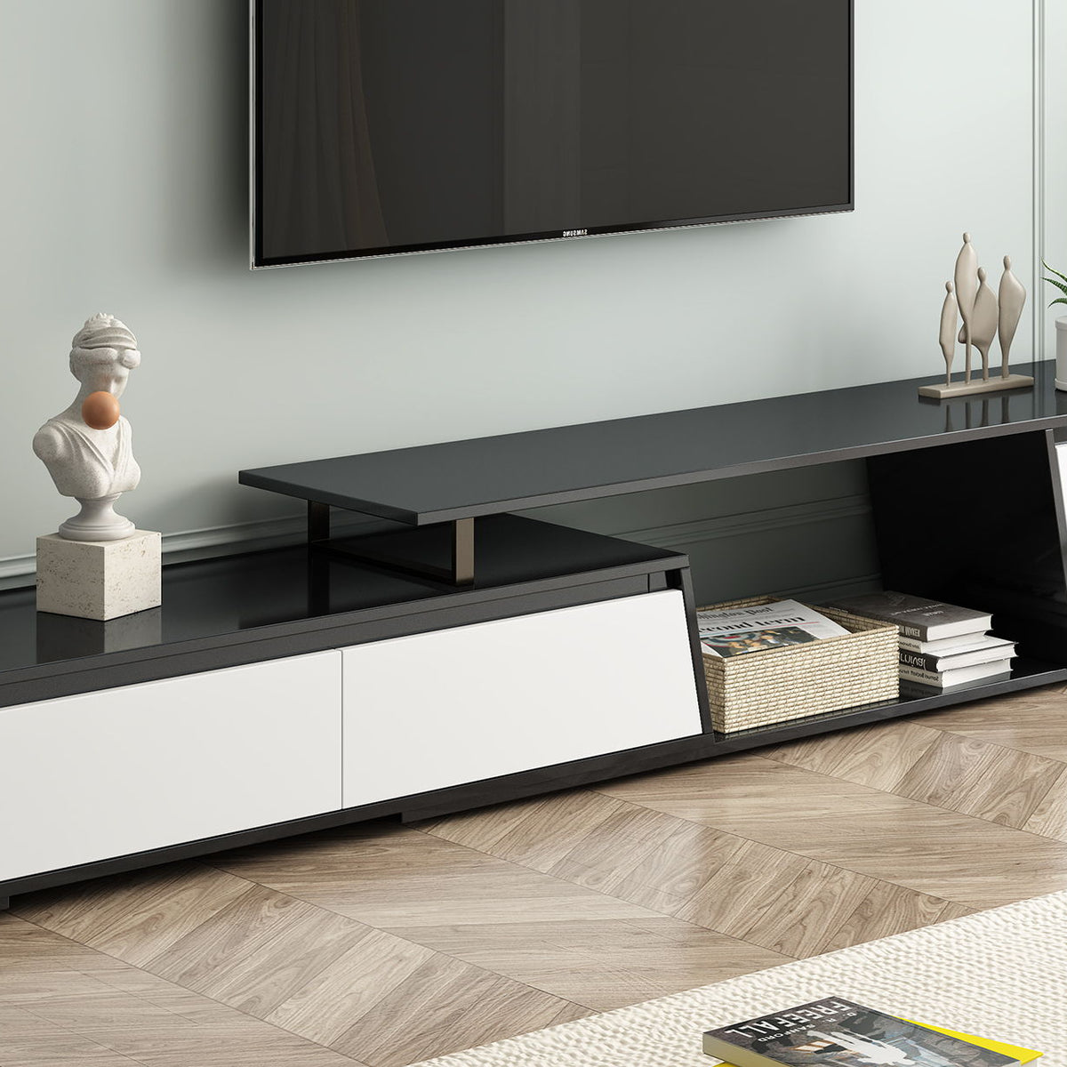 Minimalist Rectangle Extendable TV Cabinet With 2 Drawers And 1 Cabinet