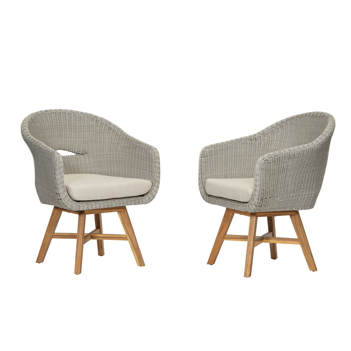 Modern Coastal Rattan Dining Chairs, (Set of 2), Solid Wood Legs - Beige