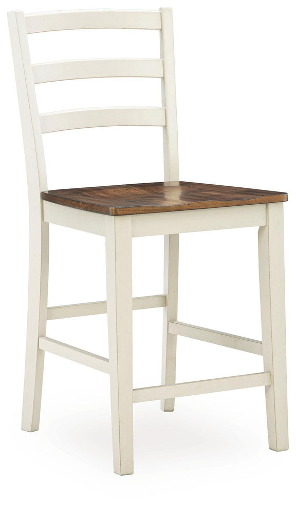 Brown wood square-seat barstool with antique white frame and ladder back