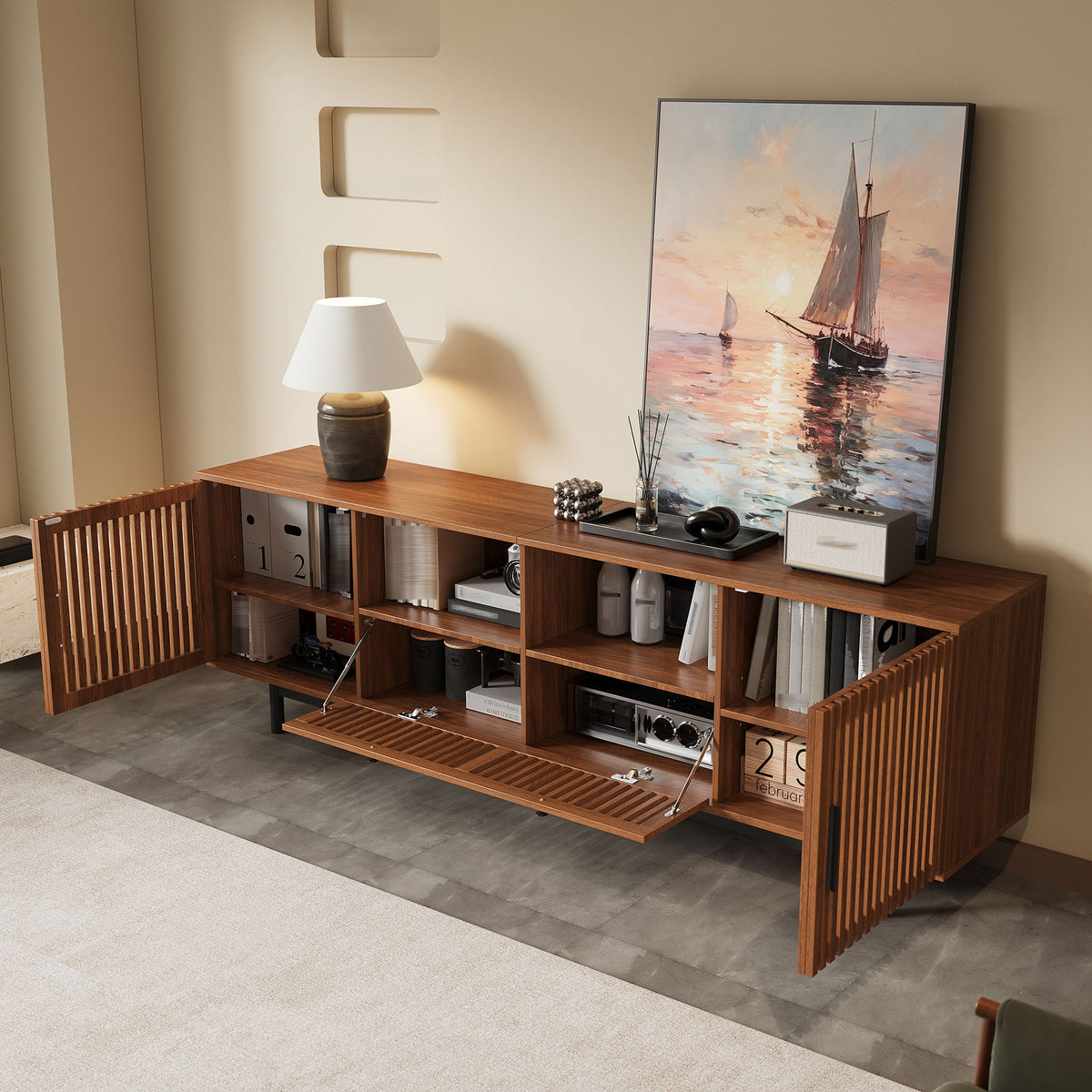 Walnut TV stand with slatted doors, open shelves and drawers for media storage