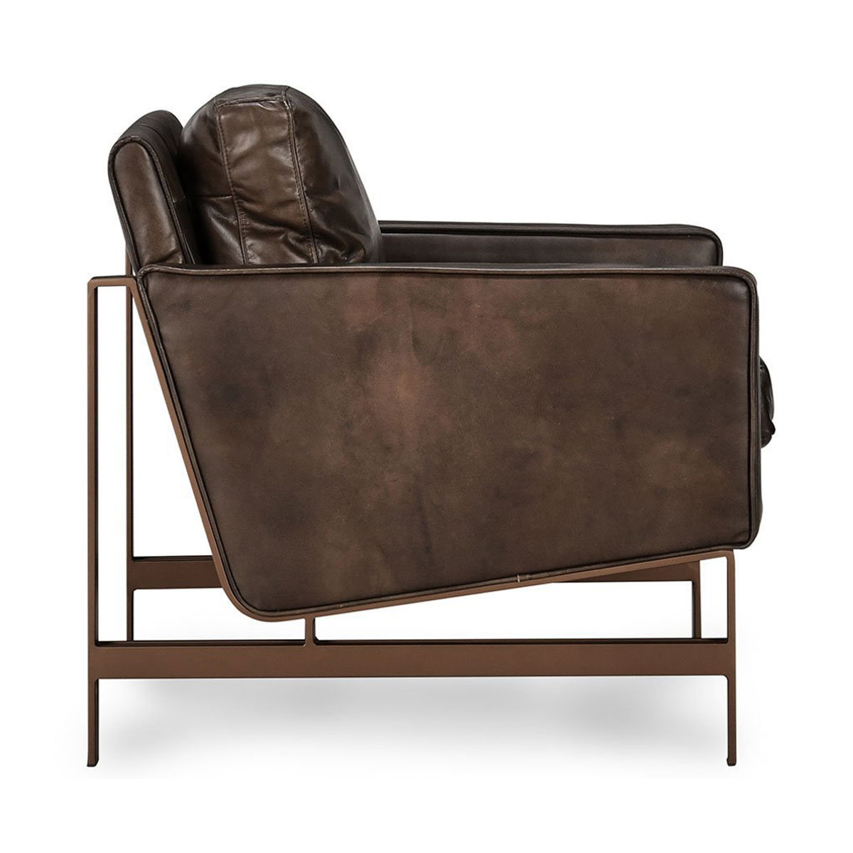 Truffle-brown leather club chair with curved backrest, padded armrests, dark base.
