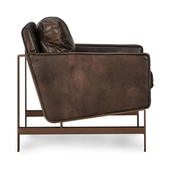 Truffle-brown leather club chair with curved backrest, padded armrests, dark base.