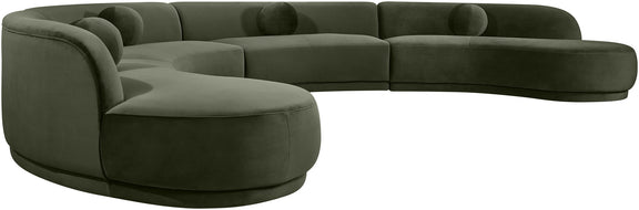 Green velvet performance sectional sofa with chaise and rounded seat cushions