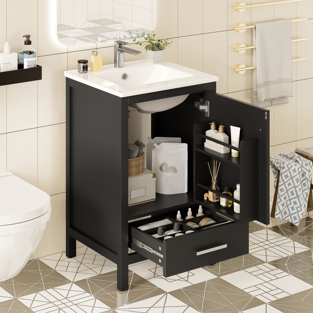 Bathroom Vanity With Ceramic Sink, Soft Close Drawers, Door Organizer, Divider Drawer, Adjustable Foot Pads