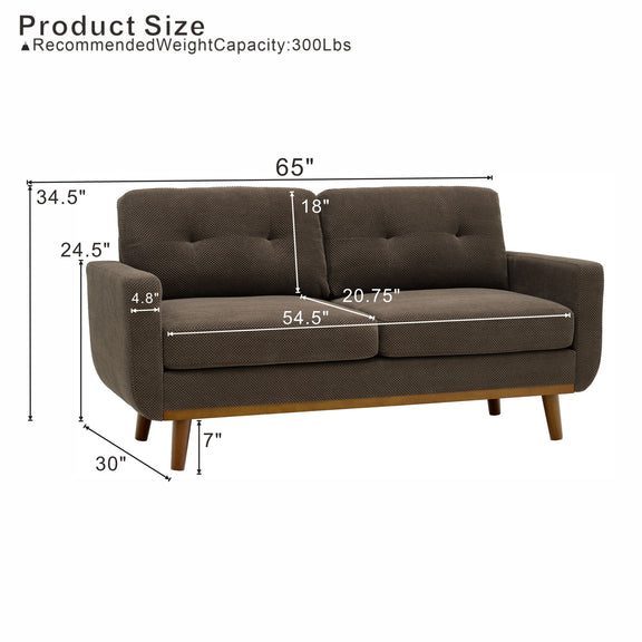 Dark gray two-seat sofa with tufted back and dimension labels